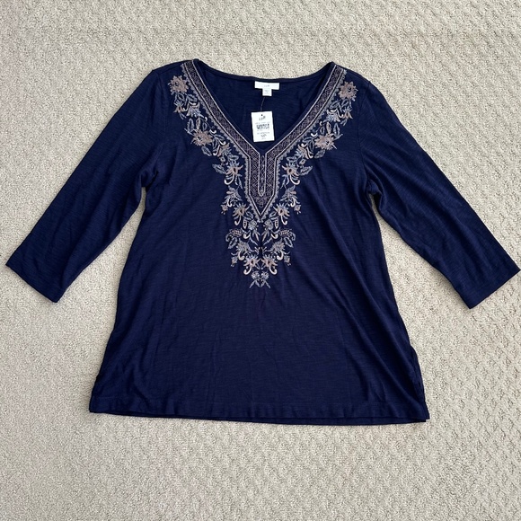 J. Jill Embroidered Knit Tunic Top Navy Blue 3/4 Sleeve MP NWT Boho Coastal Soft - Picture 1 of 12